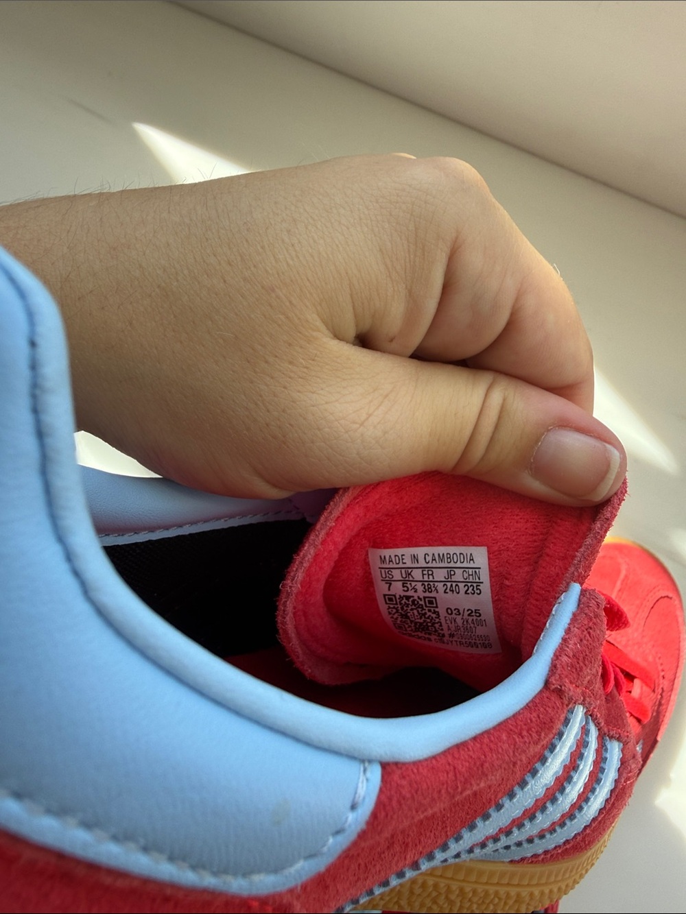 Women’s Red Adidas Spezial Sneakers with Light Blue Stripes - Picture 4 of 7